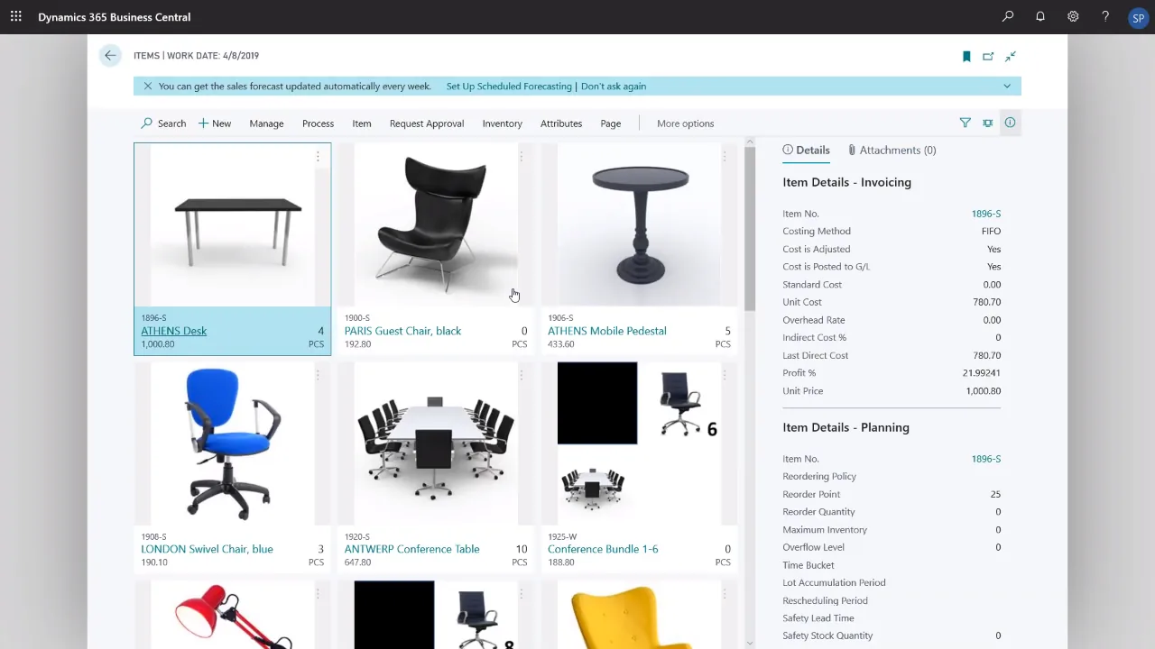 Artikelübersicht in Microsoft Dynamics 365 Business Central